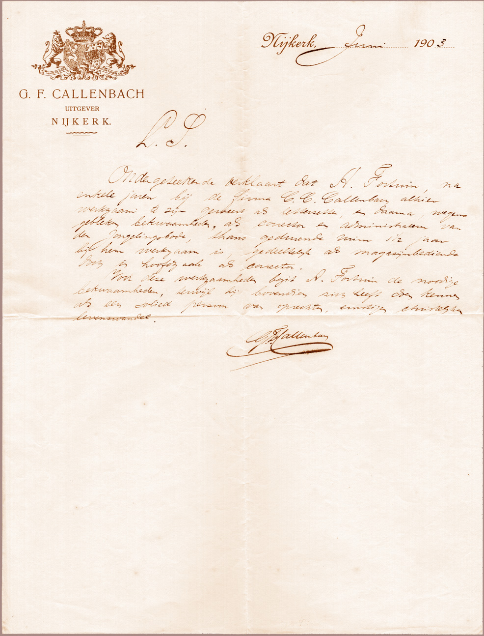 Getuigschrift Callenbach, Nijkerk 1903