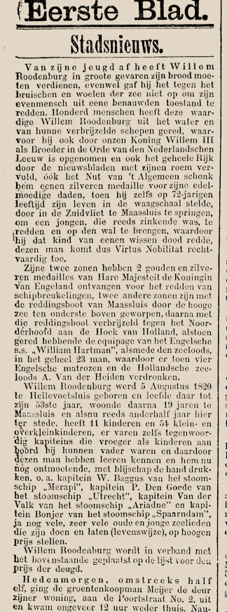 Rotterdams Nieuwsblad 5 mei 1894 voorpagina Eerste kolom: Willem Roodenburg Virtus Nobilitat